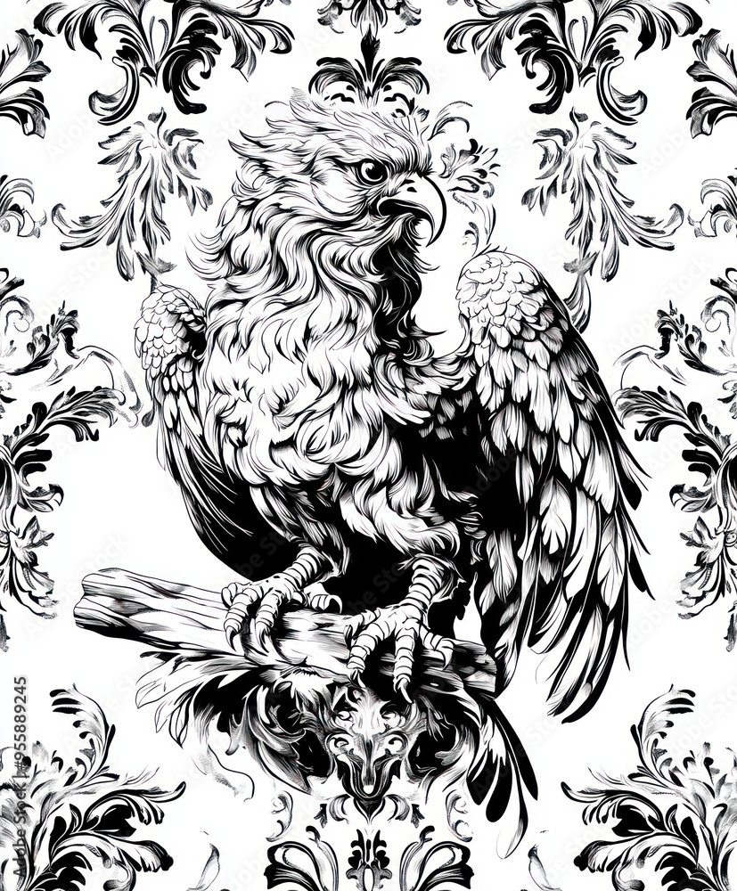 Fototapeta premium A detailed black and white illustration of an eagle on a decorative floral background.