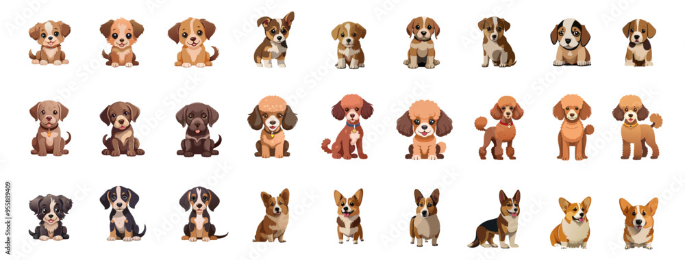Collection of cute puppy dog vector pet cartoon animals, Adorable kawaii dogs set corgi hound poodle brown fur series Collection of cute puppy dog vector pet cartoon animals, Adorable kawaii dogs set corgi hound poodle brown fur series