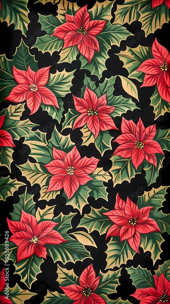 Retro red and green flowers plant pattern illustration poster background Retro red and green flowers plant pattern illustration poster background
