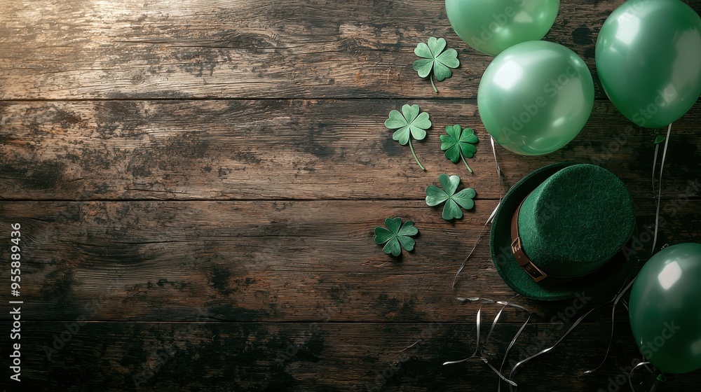 Obraz premium 4h top view st patricks day four leaf clover, balloons, leprechaun's hat on rustic wooden table