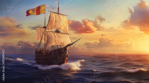 15th-Century Caravel with Columbus on Board Approaching the Shores of America, Bearing the Spanish Flag of the Era. 