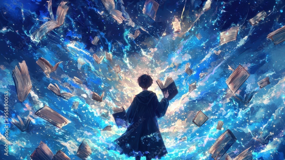 Fototapeta premium Fantasy Book Lover Silhouette Blue Sky Magic Books