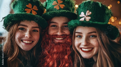 4h group of three friends wearing green hats with clover photo