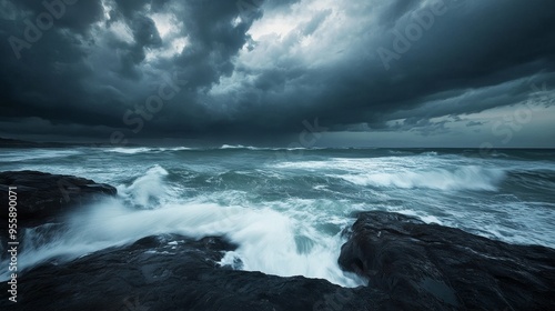 A powerful storm rages over a tumultuous ocean, dark clouds casting an ominous shadow over crashing waves and rugged rocks. This image evokes feelings of power, nature's fury, and the raw beauty of a 