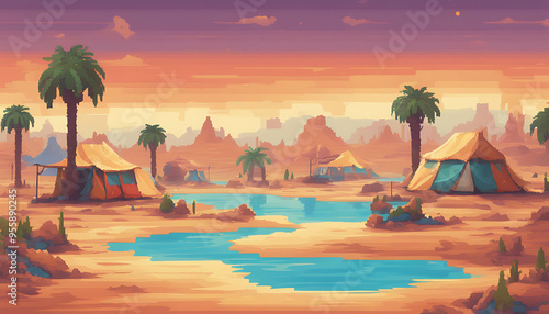 Desert Oasis with Tents and Palm Trees at Sunset