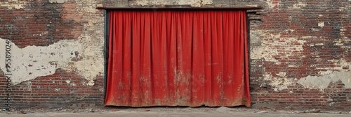 A red curtain hangs in a doorway against a backdrop of a weathered brick wall, representing secrecy, mystery, transition, the passage of time, and the industrial past. photo