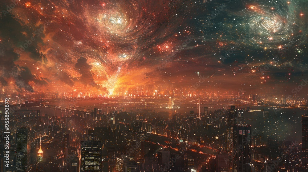 Fototapeta premium Cityscape Under a Starry Night Sky