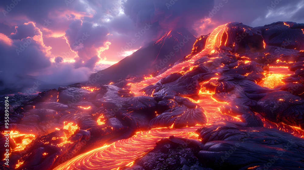 lava flowing from a volcano at dusk lava flowing from a volcano at dusk