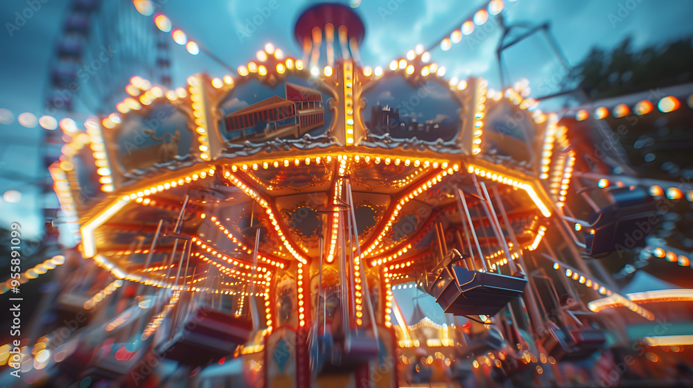 Glowing lights of a carnival at night, capturing the energy and excitement Glowing lights of a carnival at night, capturing the energy and excitement