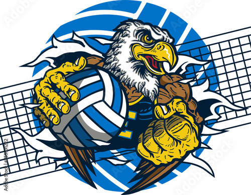 eagle mascot holding volleyball for school, college or league sports