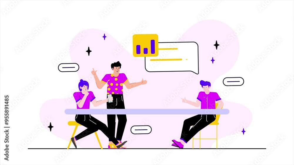 Three team members engage in discussion about tasks and feedback showcasing teamwork and communication in digital setting illustration business animated video Three team members engage in discussion about tasks and feedback showcasing teamwork and communication in digital setting illustration business animated video