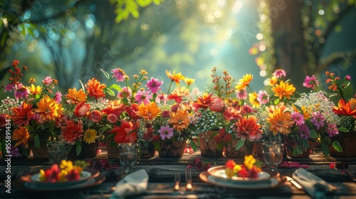 Wallpaper Mural Summer Garden Table Setting with Vibrant Flowers Torontodigital.ca