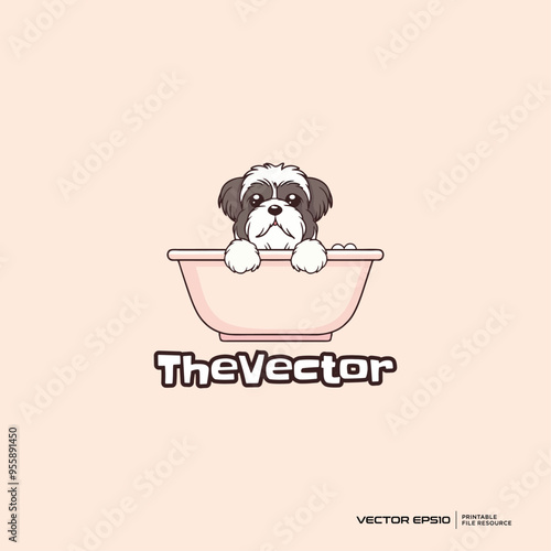 Cute puppy taking a bath , cute animal and kids logo, vector, mascot, character, cartoon, illustration, eps10