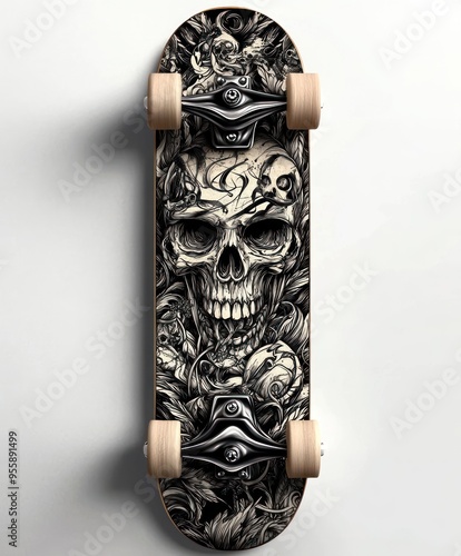 A skateboard featuring intricate skull and smoke designs, showcasing artistic graphics.