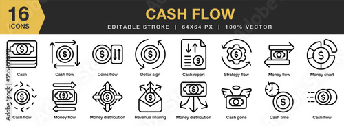 Cash Flow icon set. Editable Stroke Icon Collection. Includes report, coin. chart, distribution, revenue, strategy, and More. Outline icons vector collection.