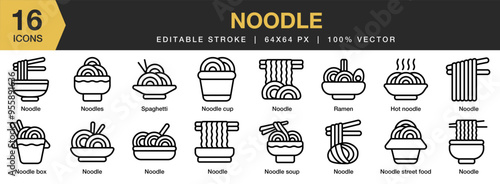 Noodle icon set. Editable Stroke Icon Collection. Includes hot, bowl, box, cup, soup, spaghetti, ramen, and More. Outline icons vector collection.