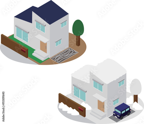 アイソメトリックな駐車場のロードヒーティングを行った住宅のイメージ素材