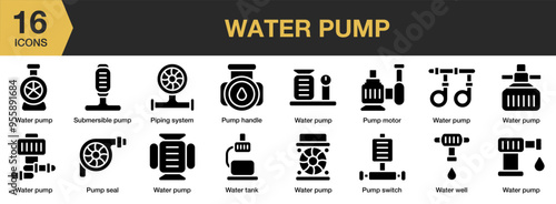 Water Pump solid icon set. Includes piping system, pump handle, pump motor, seal, switch, and More. Solid icons vector collection.