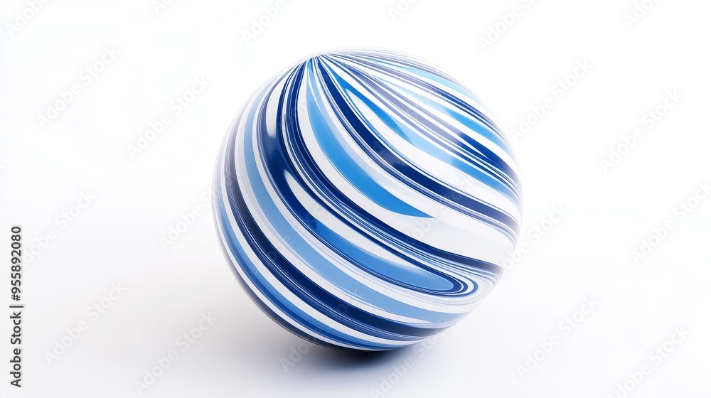 A single, abstract sphere with blue and white stripes on a white background. The sphere symbolizes unity, completeness, and the cyclical nature of life. The blue color represents calmness, peace, and A single, abstract sphere with blue and white stripes on a white background. The sphere symbolizes unity, completeness, and the cyclical nature of life. The blue color represents calmness, peace, and