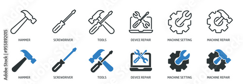 Repair, setting line and glyph solid icons collection. Minimal icon and symbol series vector illustration