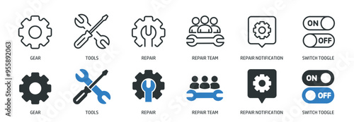 Repair, setting line and glyph solid icons collection. Minimal icon and symbol series vector illustration