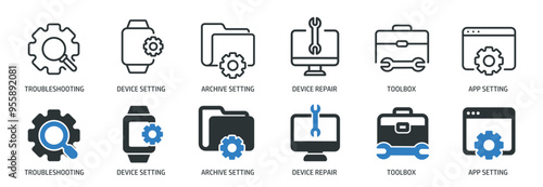 Repair, setting line and glyph solid icons collection. Minimal icon and symbol series vector illustration