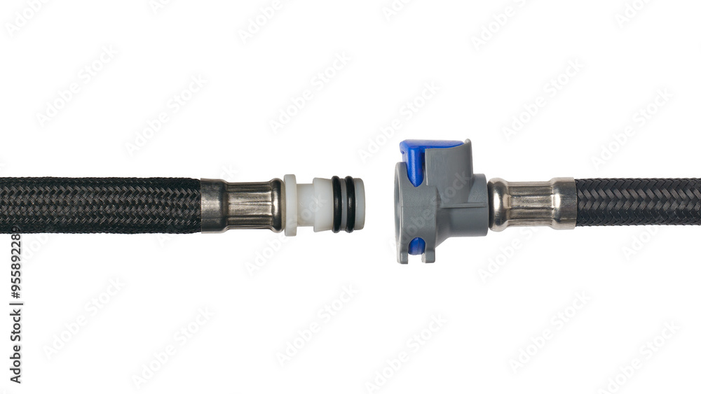 close-up of quick disconnect couplings isolated white background, plastic flexible hose fittings connector or coupler used in plumbing and other industries close-up of quick disconnect couplings isolated white background, plastic flexible hose fittings connector or coupler used in plumbing and other industries