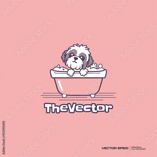 Cute puppy taking a bath , cute animal and kids logo, vector, mascot, character, cartoon, illustration, eps10