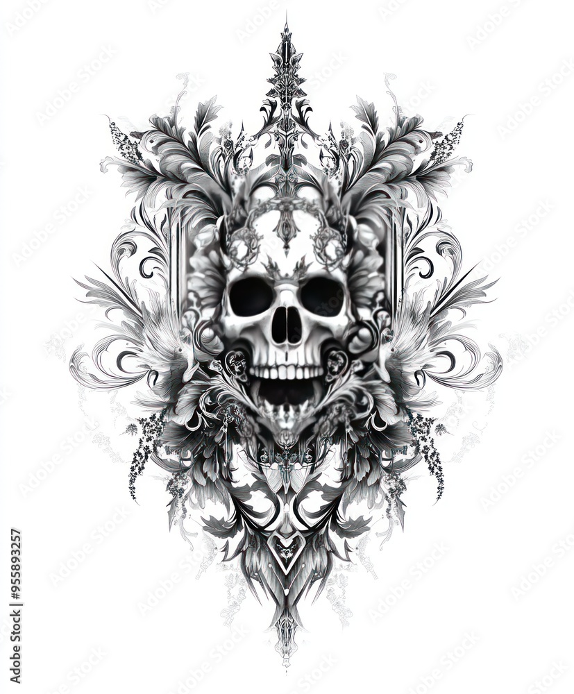 A detailed skull design surrounded by ornate floral elements. A detailed skull design surrounded by ornate floral elements.