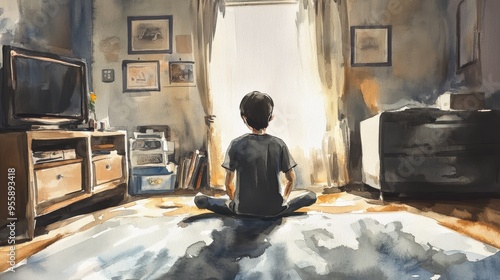 A solitary boy sits on the floor of an empty room, bathed in soft light. He gazes towards a window, his back to the viewer, reflecting on a loss. The room, with its sparse furnishings and a muted colo