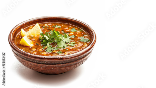 A delicious harira soup, adorned with coriander leaves and lemon wedges, isolated on a white backdrop. Ai Image