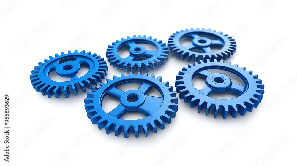 Five blue cogwheels interlocked together on a white background. Five blue cogwheels interlocked together on a white background.