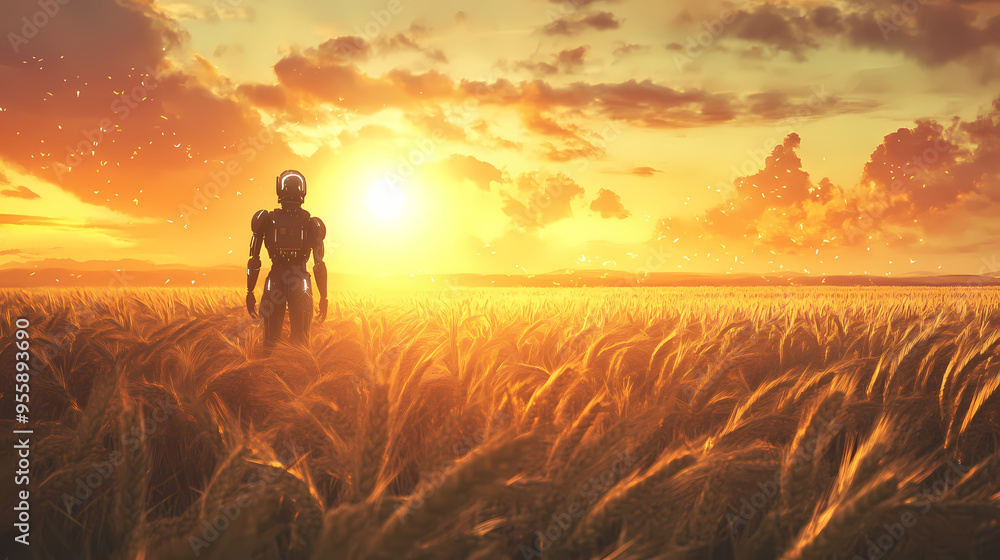 Generative ai illustration of fantasy cyborg working on agricultural field in sunset light. Fantasy. Illustration Generative ai illustration of fantasy cyborg working on agricultural field in sunset light. Fantasy. Illustration