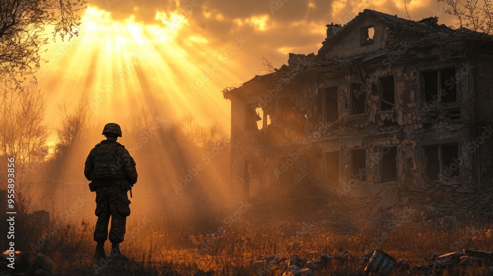 Fototapeta premium A dejected soldier with slumped shoulders faces a destroyed building in a war-torn landscape