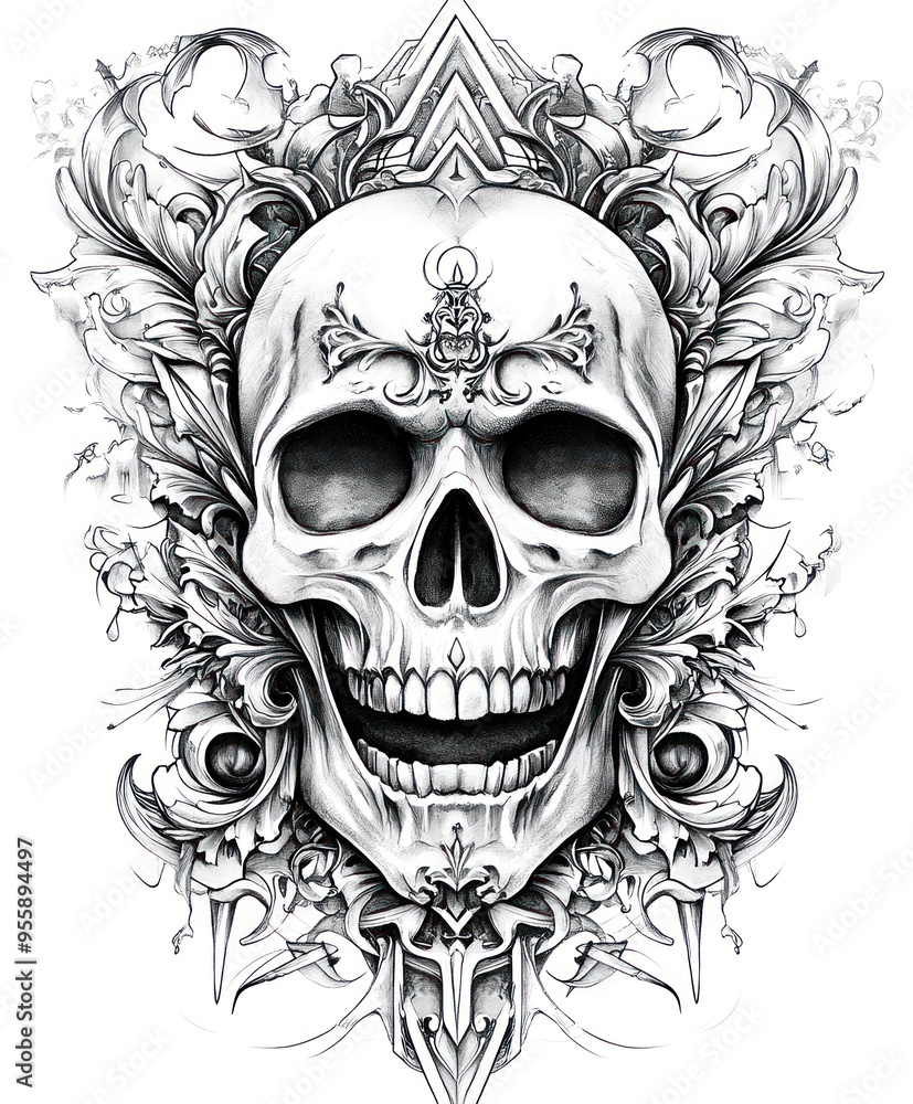 Fototapeta premium A detailed skull illustration surrounded by intricate floral designs and patterns.