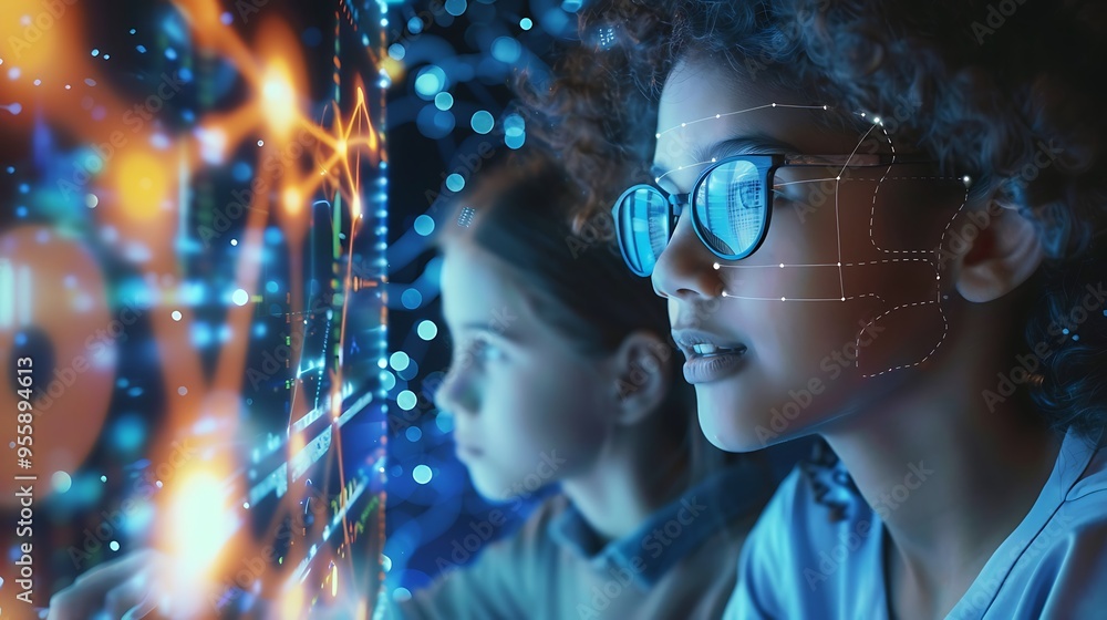 Two Girls Staring at Digital Screen with graphic data for Futuristic Modern Future Technology Progress Concept. Two Girls Staring at Digital Screen with graphic data for Futuristic Modern Future Technology Progress Concept.