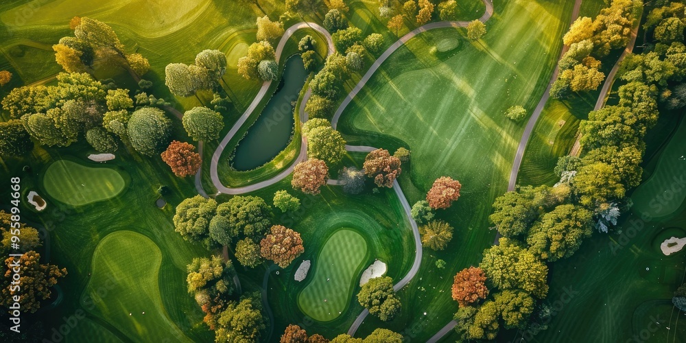 Naklejka premium Aerial view of vibrant golf course with winding roads small pond and meticulously manicured trees