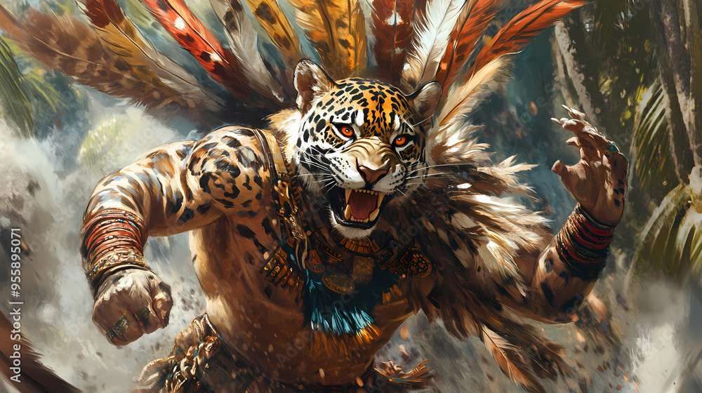 With a fierce snarl an aztec jaguar warrior charges into battle his ...