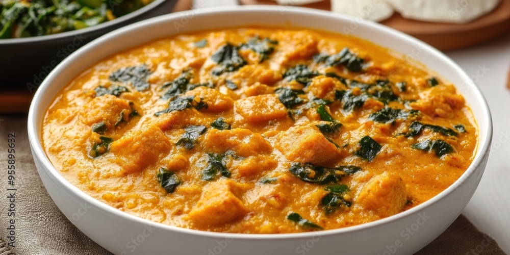 Close-up of Pumpkin Curry with Spinach in a White Bowl Close-up of Pumpkin Curry with Spinach in a White Bowl