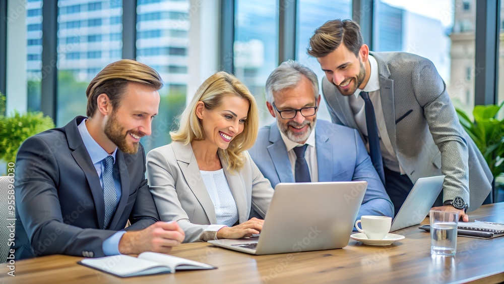 Happy professional executive team people managing project at work. Busy business man manager leader showing financial results to female partner using laptop computer at corporate office meeting Happy professional executive team people managing project at work. Busy business man manager leader showing financial results to female partner using laptop computer at corporate office meeting