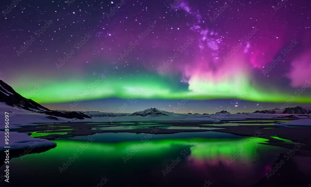 A wide shot of a night sky illuminated by a vivid aurora, with swirling greens, purples, and pinks dancing across the horizon A wide shot of a night sky illuminated by a vivid aurora, with swirling greens, purples, and pinks dancing across the horizon