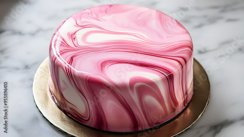 Mirror Glaze Cake with a glossy, reflective surface in a marbled pattern of pink and white