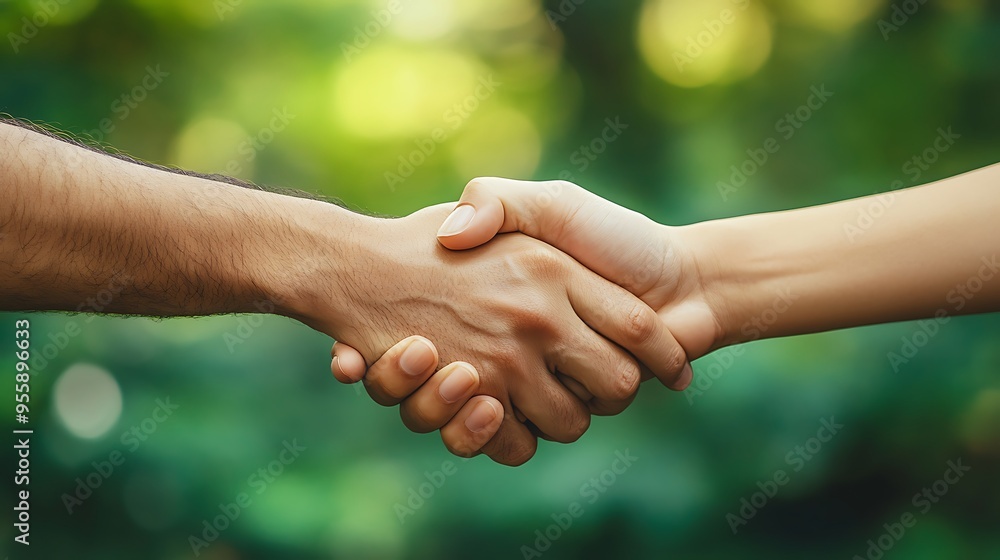 Two hands shaking in front of a green and blurry background. Two hands shaking in front of a green and blurry background.