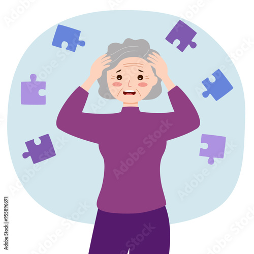 Frustrated old woman suffer from dementia loss memory. Confused senior female struggle with Alzheimer disease. Elderly healthcare and medicine concept.