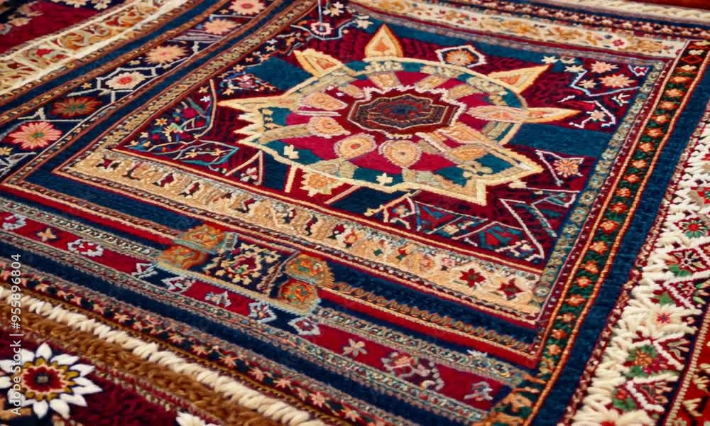 A close-up of a vibrant Turkish carpet, with intricate patterns and rich colors A close-up of a vibrant Turkish carpet, with intricate patterns and rich colors
