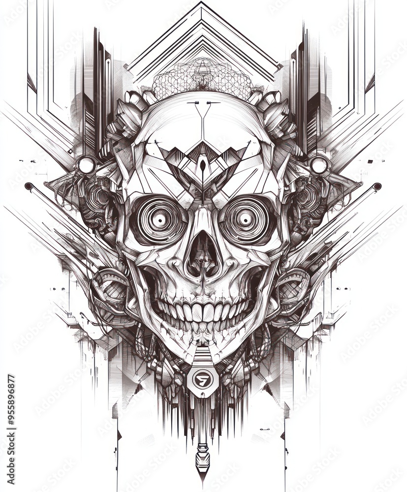 A detailed illustration of a skull surrounded by geometric patterns and floral elements. A detailed illustration of a skull surrounded by geometric patterns and floral elements.