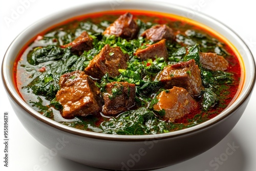 Bowl of Beef and Spinach Stew with Red Sauce