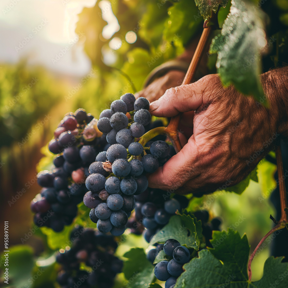 Obraz premium Person harvesting ripe grapes in vineyard under sunlight