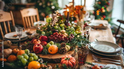 Festive table arrangement with fruits, pine cones, and candles for celebration 