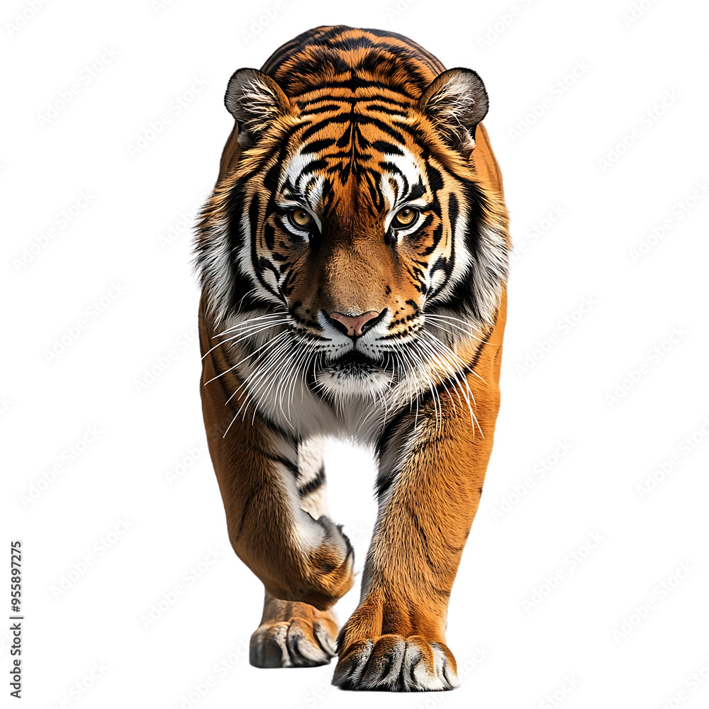 A Majestic Tiger Walking Towards the Camera with a Transparent Background A Majestic Tiger Walking Towards the Camera with a Transparent Background
